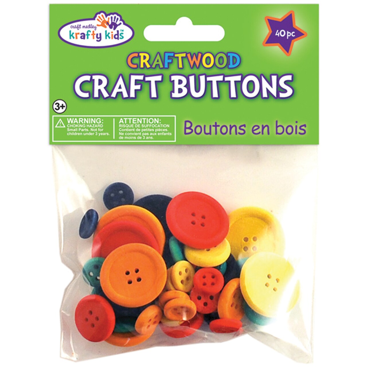 Krafty Kids Craftwood Craft Buttons Assorted 40/Pkg-Colored